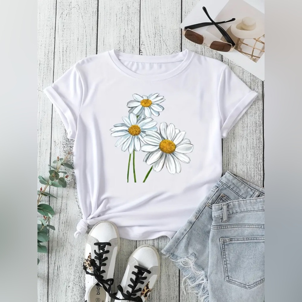 Floral Graphic Daisies White T-Shirt 2XL Plus Size Cotton Fabric Unisex